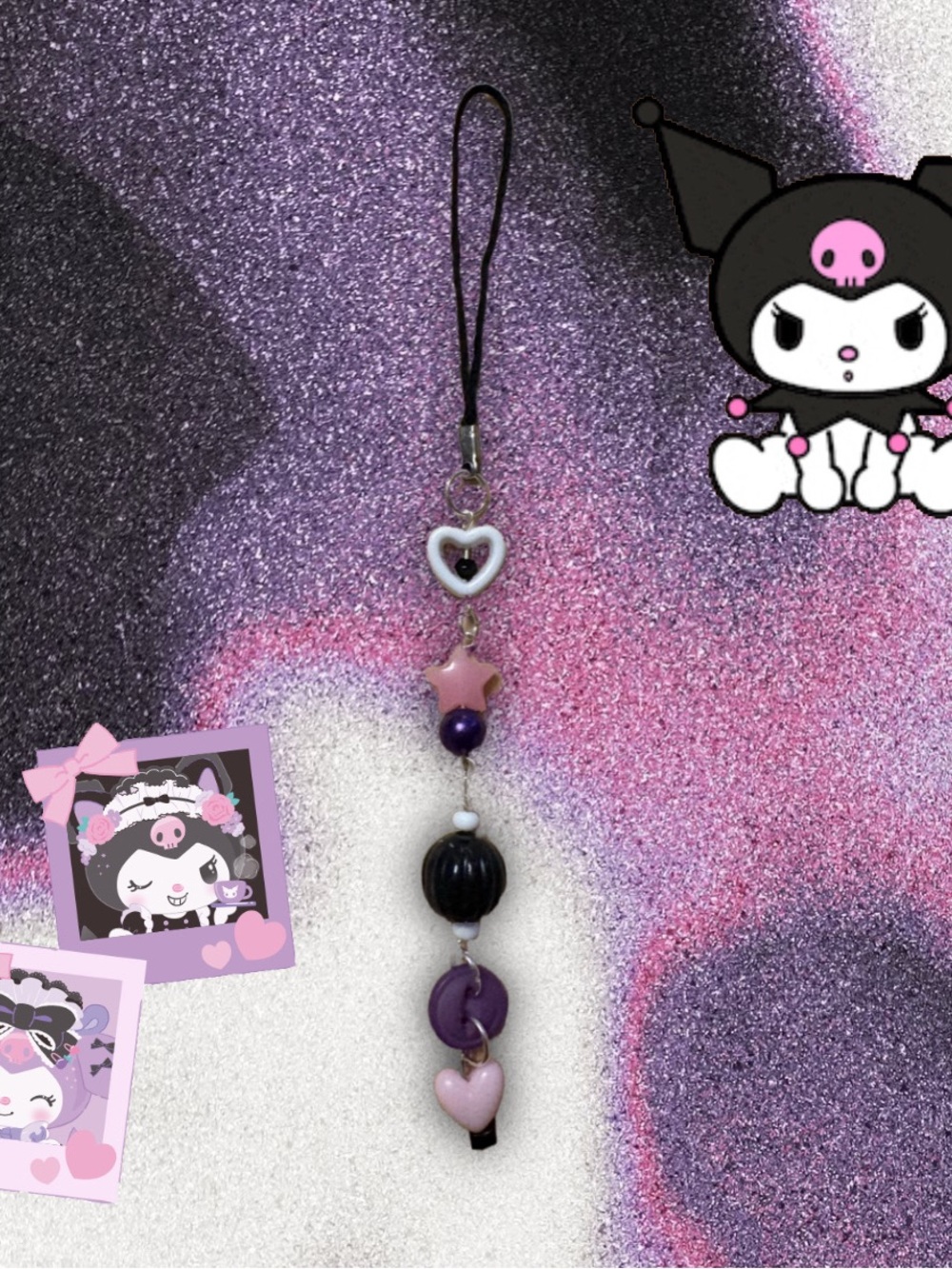 Purple & Pink Bead Phone Charm Strap - Cute Heart & Star Design